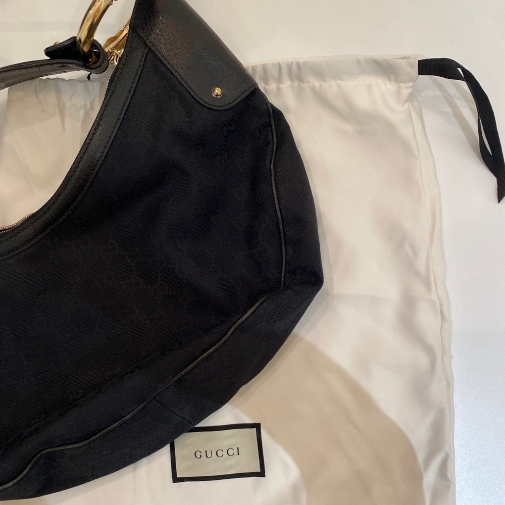 Gucci GG Black Canvas Bamboo Ring Hobo